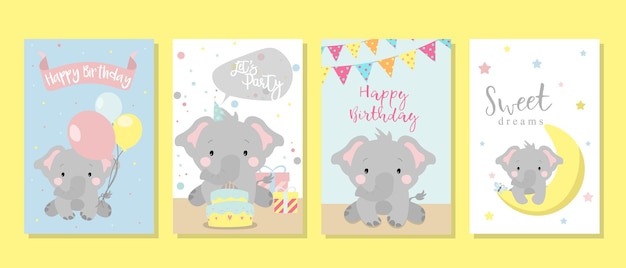 Vector lindas tarjetas con un elefante. feliz cumpleaños tarjetas de felicitación