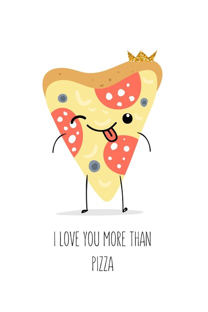 Lindas tarjetas de felicitación para el día de San Valentín con pizza en estilo kawaii. Ilustración vectorial.