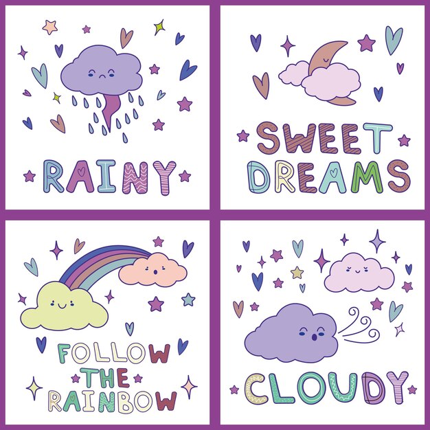 Lindas tarjetas con nubes dibujadas a mano kawaii Se pueden usar para baby shower cumpleaños bebés ropa cuaderno diseño de portada Estilo de dibujos animados vectoriales EPS