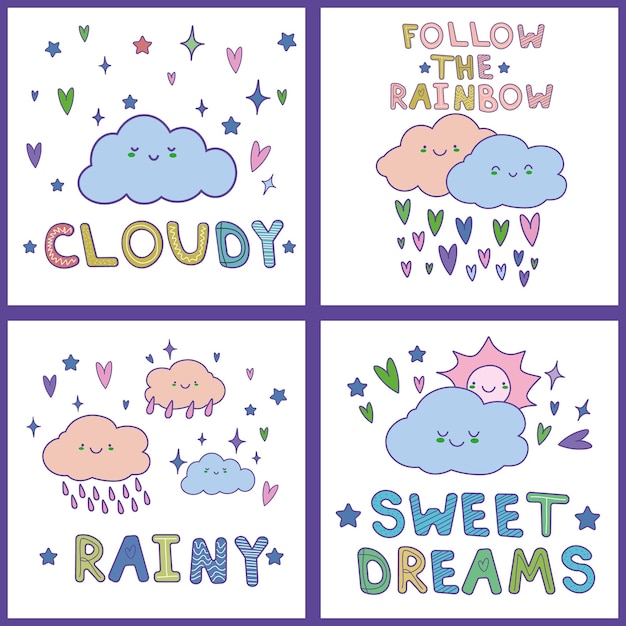 Lindas tarjetas con nubes dibujadas a mano kawaii Se pueden usar para baby shower cumpleaños bebés ropa cuaderno diseño de portada Estilo de dibujos animados vectoriales EPS