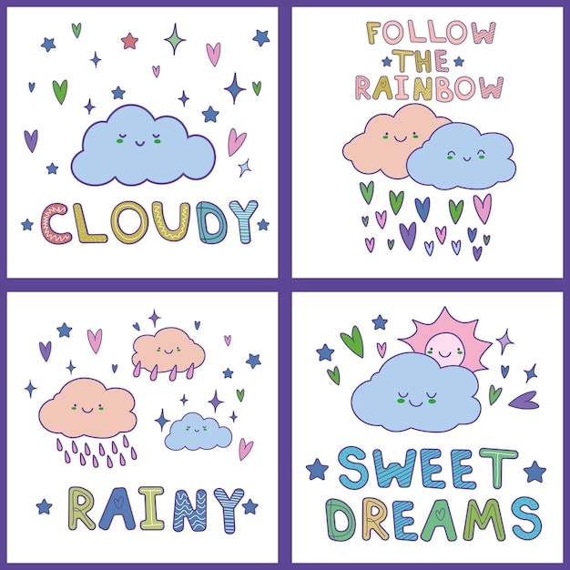 Lindas tarjetas con nubes dibujadas a mano kawaii se pueden usar para baby  shower cumpleaños bebés ropa cuaderno diseño de portada estilo de dibujos  animados vectoriales eps | Vector Premium