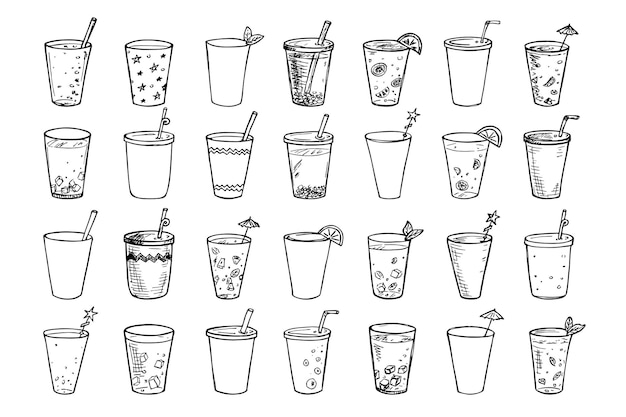 Lindas tazas de agua, batido, jugo y soda. ilustración de bebida. conjunto de imágenes prediseñadas de cóctel simple.