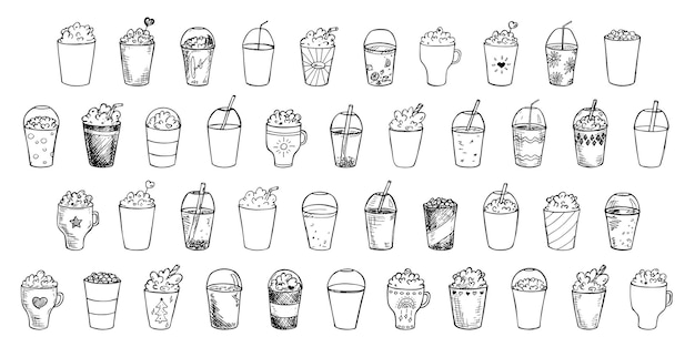 Lindas tazas de agua, batido, jugo y soda. Ilustración de bebida. Conjunto de imágenes prediseñadas de cóctel simple.
