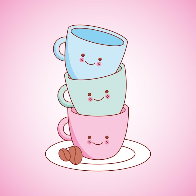 Vector lindas tazas de café kawaii ilustración vectorial