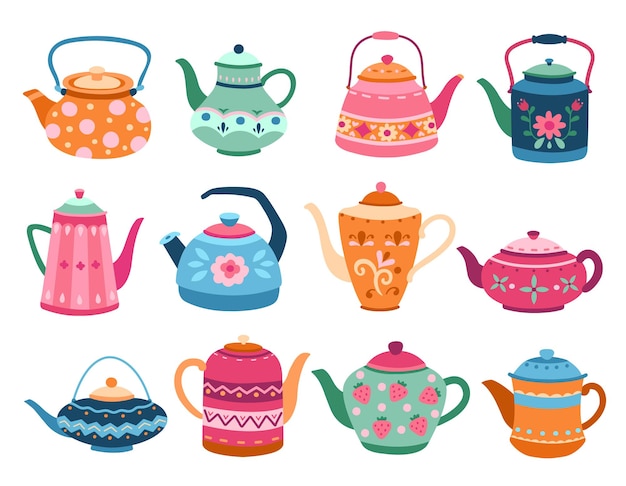 Lindas teteras. utensilios de cocina, tetera de dibujos animados o tetera de cerámica decorativa. elementos domésticos, conjunto de vector exacto de té de café moderno aislado. ilustración tetera y tetera, vajilla para beber té
