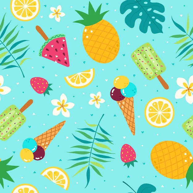 Lindas vacaciones de verano brillantes de patrones sin fisuras con helado de frutas tropicales y vector de hoja de palma