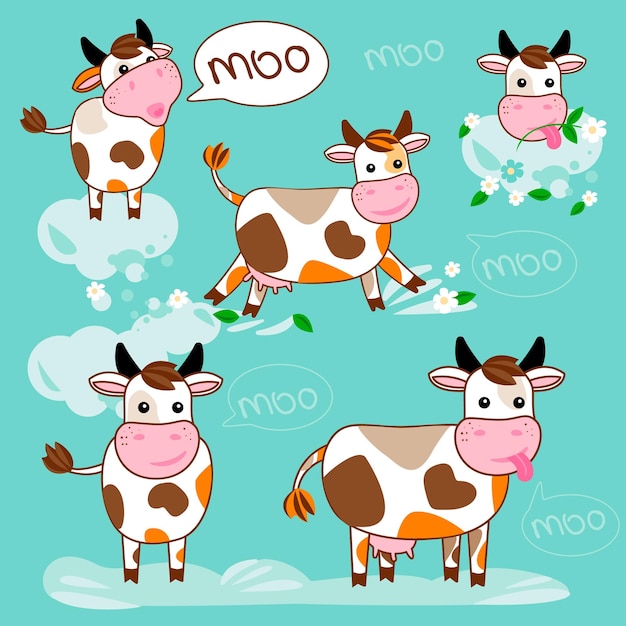 Vector lindas vacas de dibujos animados sobre un fondo azul ilustración vectorial en estilo plano