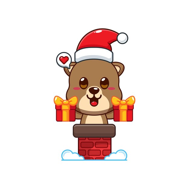 Linde nutria con sombrero de Papá Noel sosteniendo una caja de regalos de Navidad en la chimenea