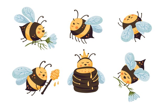 lindo, abeja, caricatura, divertido, vector, conjunto