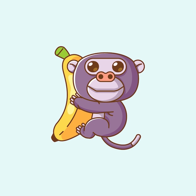 Lindo abrazo de mono plátano colgando kawaii chibi personaje mascota ilustración estilo de contorno