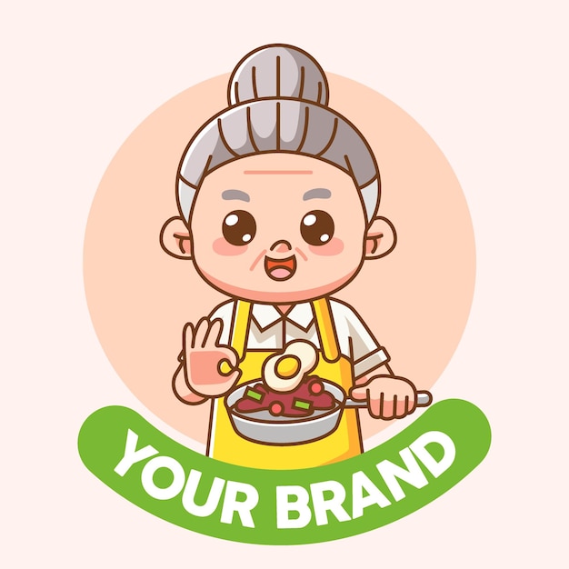 Lindo abuela chef cocinero chibi kawaii personaje mascota diseño restaurante café logotipo estilo de contorno