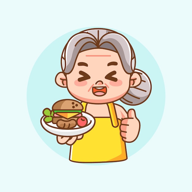 Lindo abuela chef cocinero chibi kawaii personaje mascota diseño restaurante café logotipo estilo de contorno