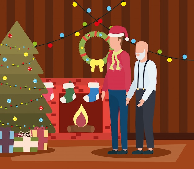 Vector lindo abuelo con joven hijo en la habitación decorada de navidad