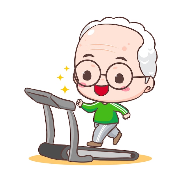 Lindo abuelo o abuelo corriendo en cinta de correr vector de chibi adorable plano dibujado a mano