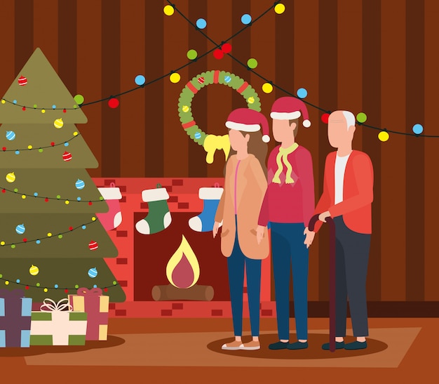 Vector lindo abuelo con pareja joven en la sala de navidad decorado