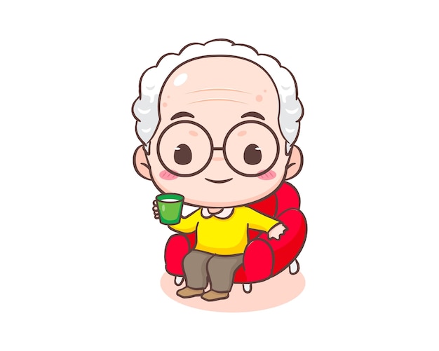 El lindo abuelo se sienta en el sofá y sostiene una taza de café. personaje de dibujos animados del abuelo