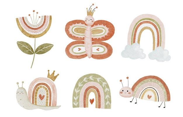 Lindo acuarela Boho Arco iris y animales