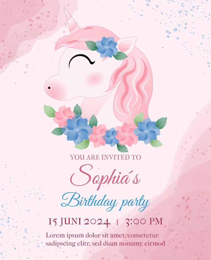 Vector lindo acuarela rosa invitación de cumpleaños de chica con unicornio y flores