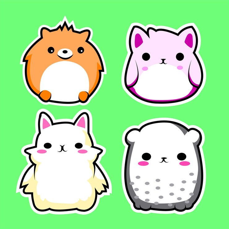 Lindo y adorable juego de 4 pegatinas de dibujos animados de animales regordetes para juguetes para niños