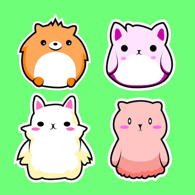 Vector lindo y adorable juego de 4 pegatinas de dibujos animados de animales regordetes para juguetes para niños