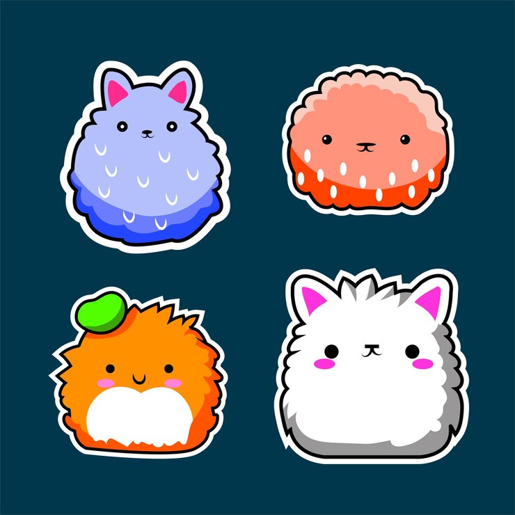 Lindo y adorable juego de 4 pegatinas de dibujos animados de animales regordetes para juguetes para niños
