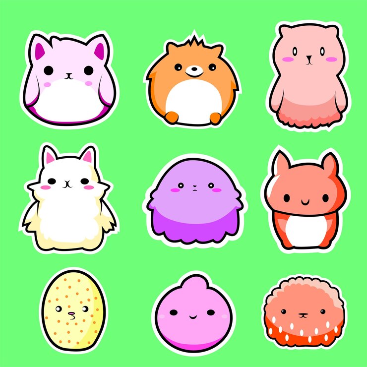 Lindo y adorable juego de 9 pegatinas de dibujos animados de animales regordetes para juguetes para niños