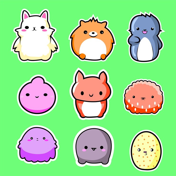 Lindo y adorable juego de 9 pegatinas de dibujos animados de animales regordetes para juguetes para niños