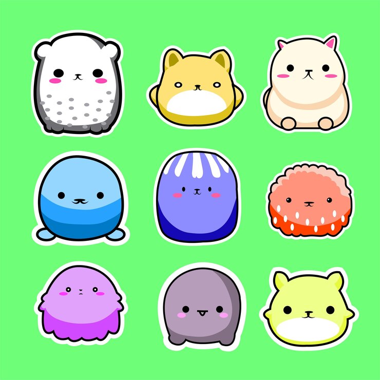 Lindo y adorable juego de 9 pegatinas de dibujos animados de animales regordetes para juguetes para niños