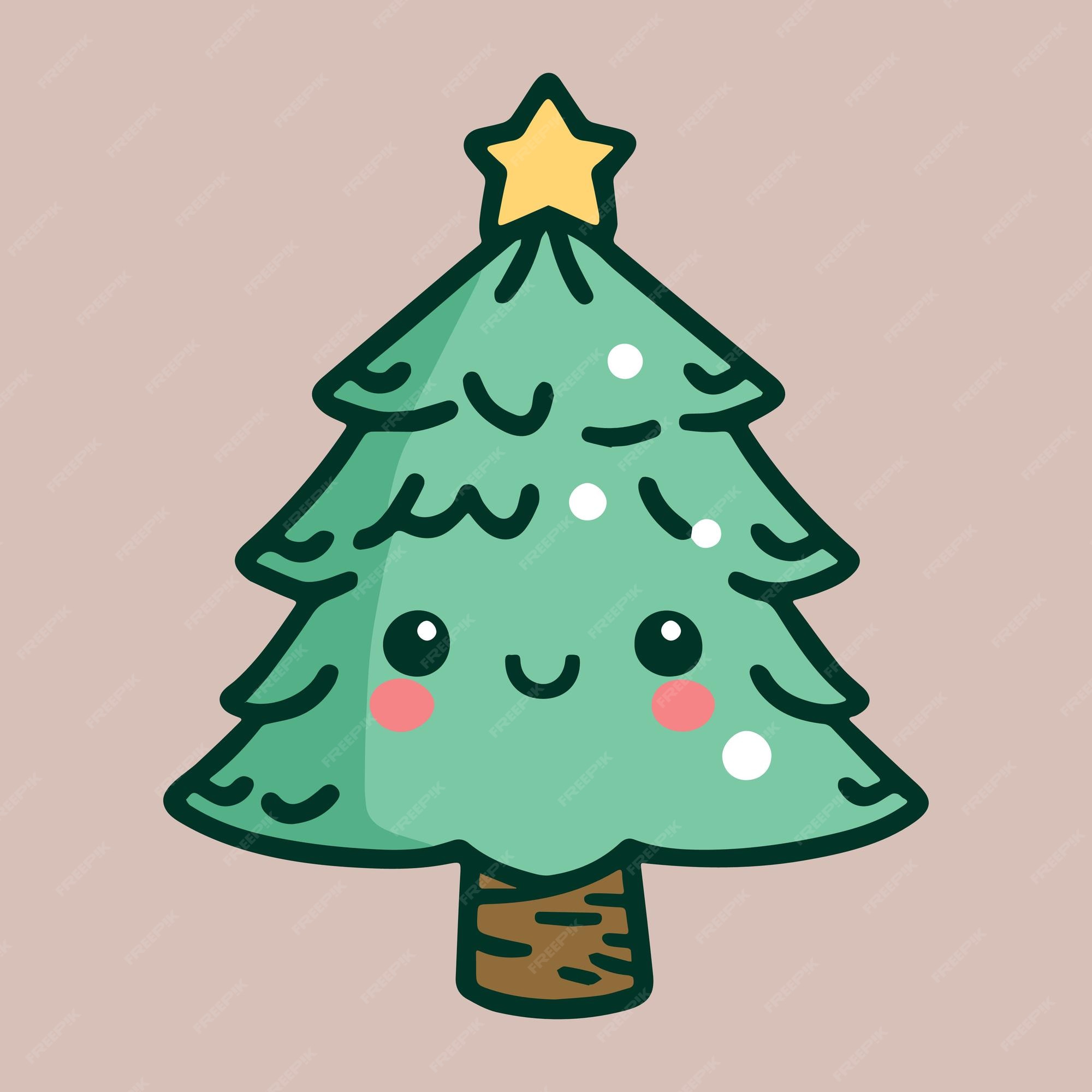 Lindo adorable kawaii árbol de navidad feliz caricatura vacaciones vector  icono | Vector Premium