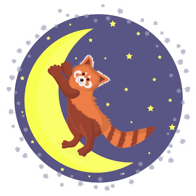 Vector lindo adorable panda rojo de pie en la luna luna y estrellas para la habitación del bebé tarjetas de felicitación