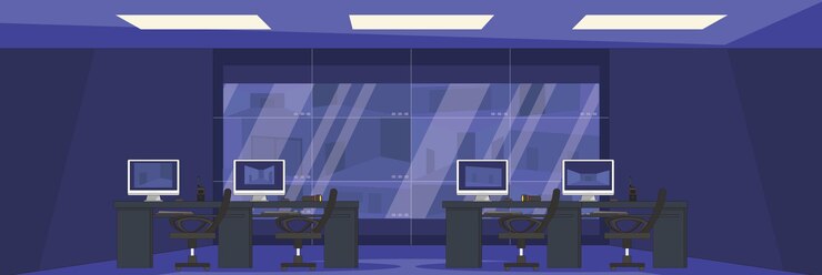 Vector lindo y agradable diseño de la sala cctv de control de seguridad con muebles y diseño de vectores de objetos interiores