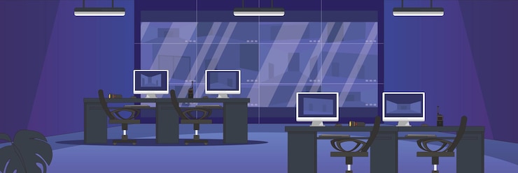 Vector lindo y agradable diseño de la sala cctv de control de seguridad con muebles y diseño de vectores de objetos interiores