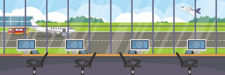 Vector lindo y agradable diseño de la torre de control de tráfico aéreo con muebles y diseño de vectores de objetos interiores