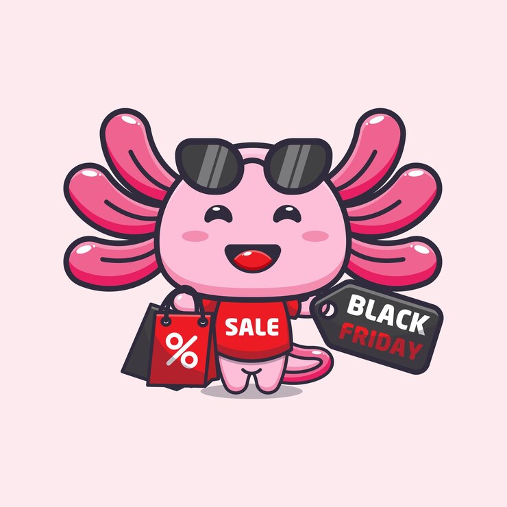 Vector lindo ajolote en la ilustración de mascota de dibujos animados de viernes negro