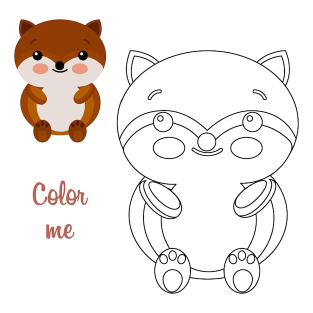 Lindo y alegre pequeño zorro animal ilustración y boceto diseño para libro de colorear para niños