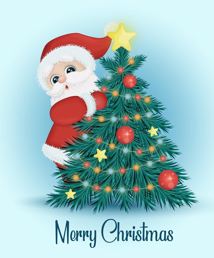 Lindo y alegre Santa Claus, mirando desde detrás de un árbol de Navidad decorado con guirnaldas, estrellas y bolas. Tarjeta de Navidad, impresión. Ilustración de vector de estilo acuarela Eps10.