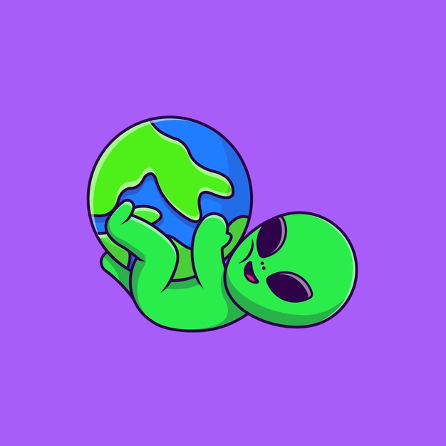 Lindo Alien Jugando Tierra Dibujos Animados Vector Iconos Ilustración