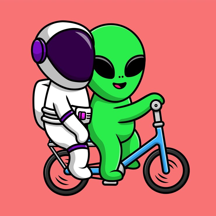 Lindo alienígena y astronauta montando bicicleta dibujos animados Vector icono ilustración