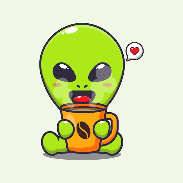 Lindo alienígena con ilustración de vector de dibujos animados de café caliente.