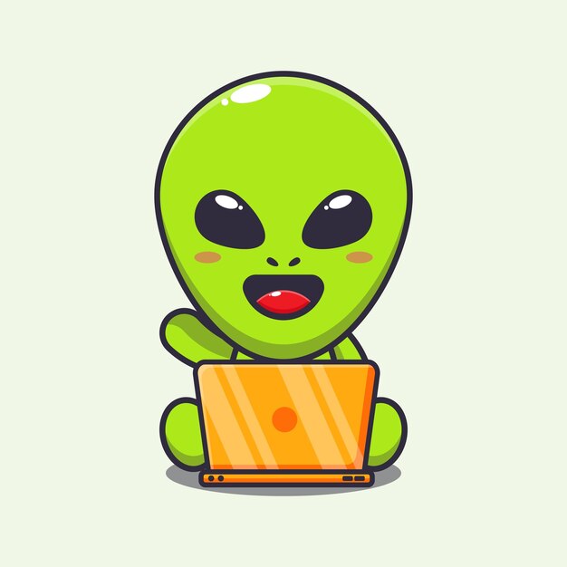 Lindo alienígena con ilustración de vector de dibujos animados portátil.