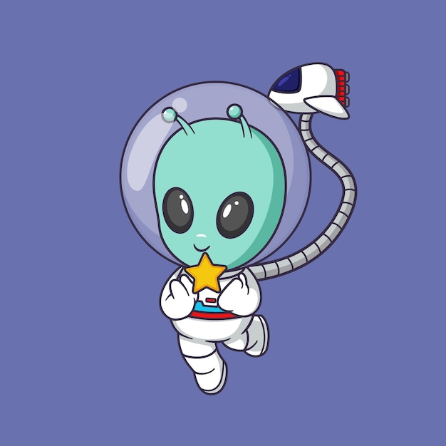 Lindo alienígena con traje de astronauta y sosteniendo una estrella Ilustración de icono vectorial de dibujos animados