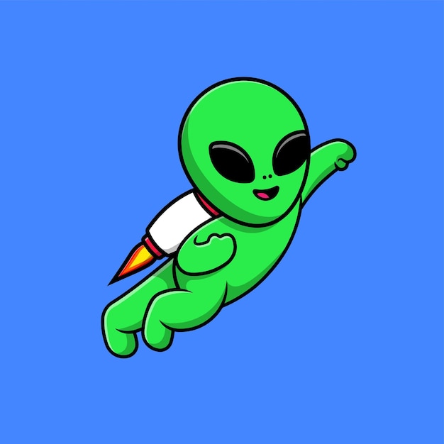 Lindo alienígena volando con ilustración de icono de vector de dibujos animados de cohete