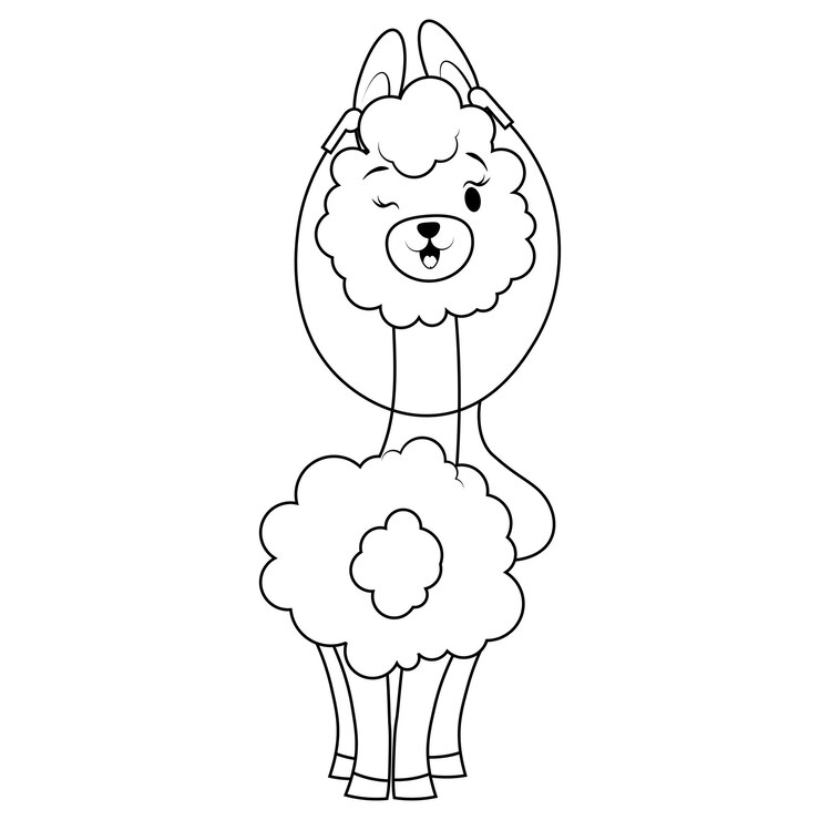 Vector lindo alpaca esponjoso con auriculares en línea de contorno para colorear