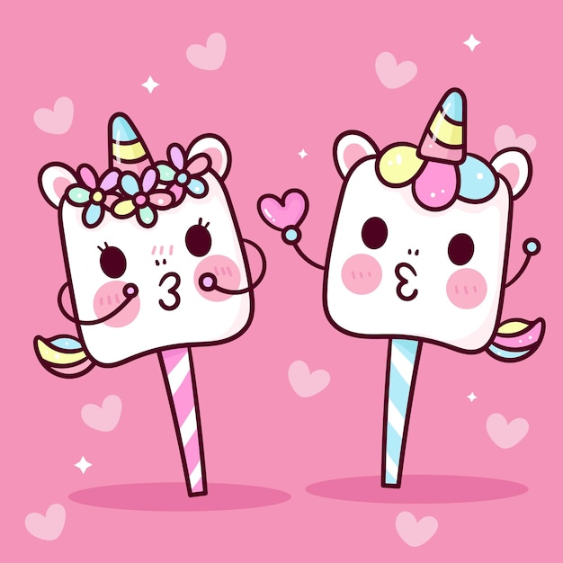 Lindo amante de la pareja de unicornio de malvavisco para el día de san valentín animales kawaii