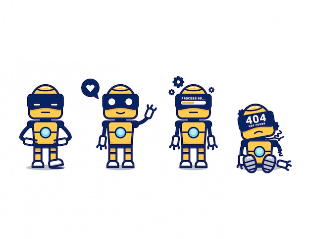 Lindo amarillo retro robot AI personaje de dibujos animados mascota pose pose