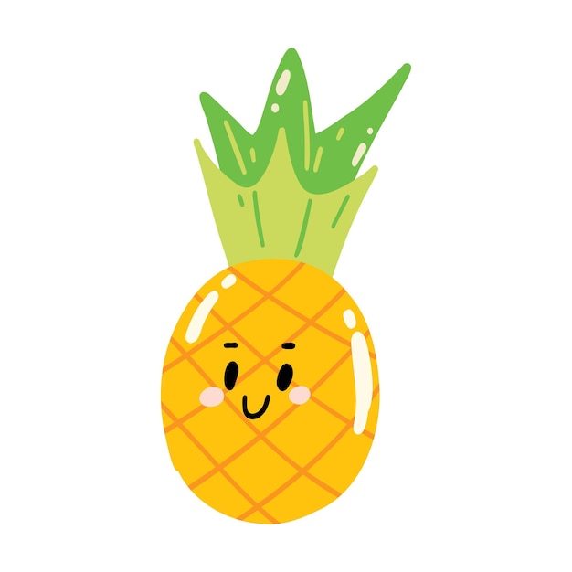 Lindo ananas dibujado a mano sonriendo Kawaii personaje de fruta graciosa para niños