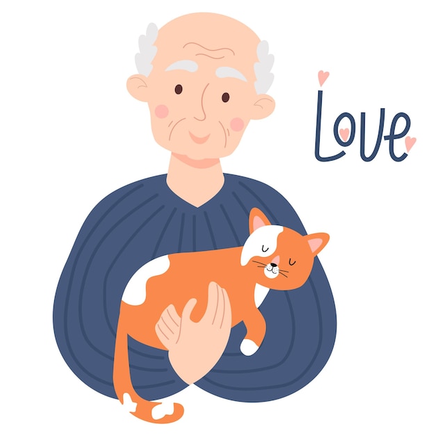 Lindo anciano feliz con gato dormido vector concepto de amor por las mascotas y vejez feliz