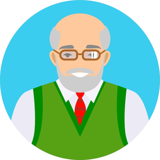 Lindo anciano sonriente con barba y bigote en gafas en ilustración vectorial de estilo plano