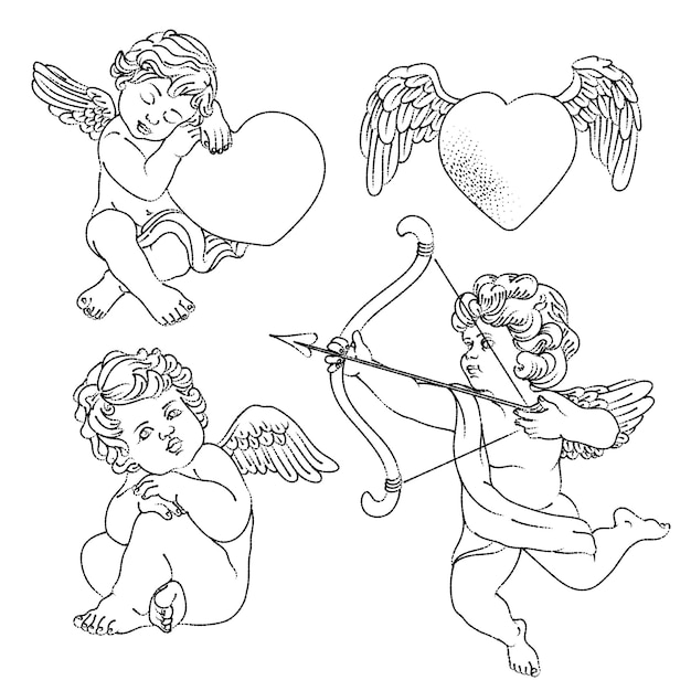 Vector lindo ángel con flechas y cupidos de arco vuelan en el cielo corazón ala grabado dibujado a mano