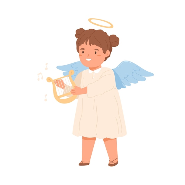 Lindo angelito feliz con halo y alas tocando música en lira. Chica sonriente sosteniendo un instrumento de cuerda. Ilustración de vector plano de color infantil de niño religioso aislado sobre fondo blanco.